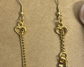Male chastity blue balls gold stainless steel French wire earrings with open heart and 4mm Lapis Lazuli beads & key drop charm 6/26