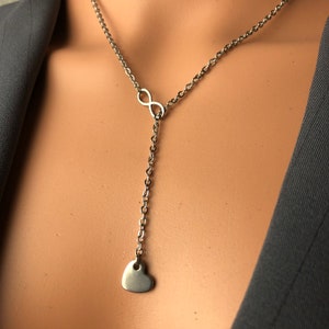 Original All stainless steel chain & infinity Y Lariat w/solid floating heart drop pendant mother daughter sisters symbolic necklace jewelry