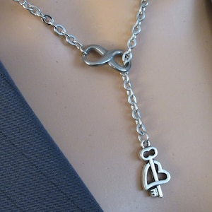 Original Infinity Key Y Lariat Goddess Stainless steel chain w/Heart & key pendant symbolic necklace wedding jewelry goddess queen diva