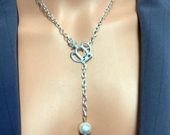 QOS Queen of Spades Original Y Lariat Steel crown and chain with 10mm hematite white crystal pearl beads black and white drop pendant
