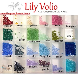 Puede incluir: Una tabla de cuentas bic&oacute;nicas de cristal Swarovski de 4 mm en varios colores, incluyendo rojo, carmes&iacute;, topacio, amarillo, rosa, rosa, rosa p&aacute;lido, rosa oscuro, esmeralda, pino, verde, verde claro, menta, verde mar, lima, aguamarina, zafiro, cobalto, azul marino, cielo, azul beb&eacute;, oc&eacute;ano, capri, azul p&aacute;lido, gris, malva, morado real, transparente, negro, lila, azul verdoso y uva.
