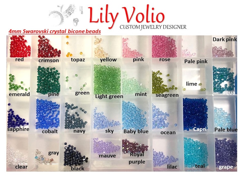 Puede incluir: Una tabla de cuentas bic&oacute;nicas de cristal Swarovski de 4 mm en varios colores, incluyendo rojo, carmes&iacute;, topacio, amarillo, rosa, rosa, rosa p&aacute;lido, rosa oscuro, esmeralda, pino, verde, verde claro, menta, verde mar, lima, aguamarina, zafiro, cobalto, azul marino, cielo, azul beb&eacute;, oc&eacute;ano, capri, azul p&aacute;lido, gris, malva, morado real, transparente, negro, lila, azul verdoso y uva.