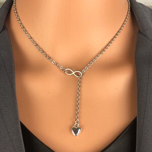 Original stainless steel chain & infinity Y Lariat w/solid 3D heart drop pendant choker necklace dainty understated symbolic elegance
