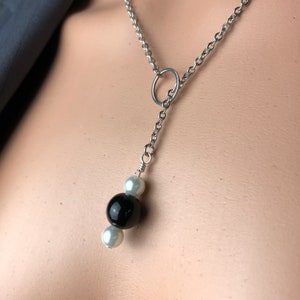 QOS Queen of Spades Original Y Lariat O ring Hotwife steel chain hematite Swarovski crystal pearl bead O ring black and white minimalist
