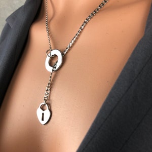 chunky symbolic ALL stainless steel 4mm chain O Ring of O Y Lariat with faux padlock heart drop pendant unisex nonbinary jewelry for him her