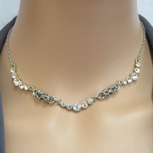 steel Byzantine chainmail connecting 3 sets of crystals in vintage silver plated bezel original OOAK unique contemporary necklaces for women