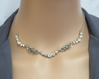 Byzantine Chainmail Crystal Necklace: Vintage Silver Plated Steel