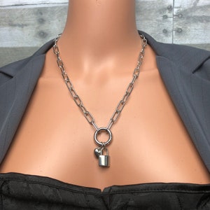 original paperclip ALL stainless steel snap hinge O ring of O w/3D Heart and faux padlock lock symbolic chunky chain unisex nonbinary unique