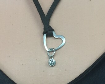 Original 1/8" deerskin leather stainless steel Open Floating Heart w/crystal accent minimalist symbolic necklace jewelry unisex nonbinary