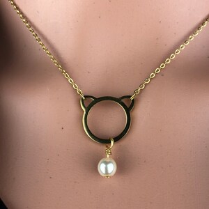 Original gold stainless steel Kitten Cat Silhouette w/pearlized glass bead accent minimalist symbolic necklace cat lover jewelry