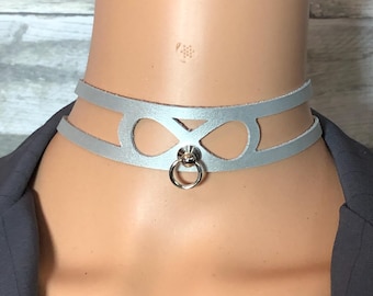 Custom carved cut out O ring infinity silver leather choker unisex nonbinary