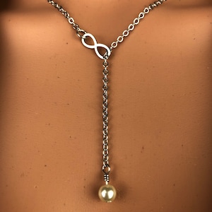 silver stainless steel chain & dainty mini infinity Y Lariat w/6mm glass pearl bead symbolic modern elegant fashion jewelry minimalist