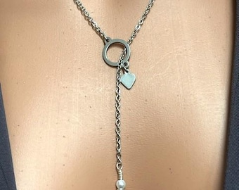 QOS Queen of Spades Original Y Lariat O ring steel curb chain Black hemalyke and white glass bead pendant & steel spade crystal accents