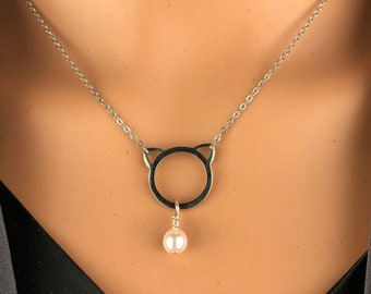 Original steel Kitten Cat kitty Pet ears Silhouette w/pearlized glass bead accent fur baby parent cat mom cat dad