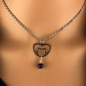 Original steel Kitten kitty lover Cat Pet lover and Heart Silhouette w/pearlized glass bead cat mom minimalist symbolic necklace jewelry