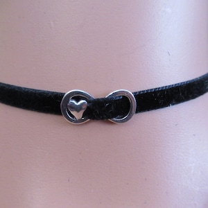 silver plated Infinity with heart charm 1/4&quot; velvet choker boho surfer minimalist symbolic necklace jewelry unisex nonbinary whimsigoth goth