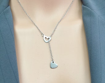 circle lariat Original lariat Y All Stainless Steel O ring of O double heart drop pendant symbolic necklace unisex nonbinary jewelry
