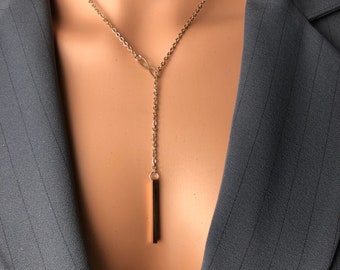 circle lariat bar rose gold stainless steel chain & infinity Y w/bar pillar drop pendant cleavage necklace nonbinary unisex mens womens