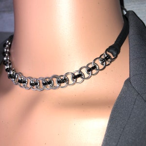 Original double O ring chain mail stainless steel & black hand weave leather choker OOAK fashion statement chunky chain jewelry unisex