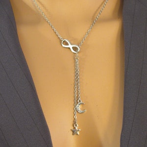 stainless steel chain & infinity Y Lariat w/crescent moon and star drop pendant celestial crystal minimalist symbolic necklace jewelry