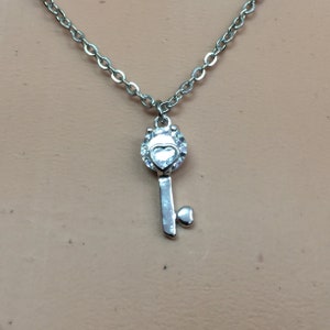 Silver Rhodium heart key keyholder with stainless steel chain CZ Cubic Zirconia accent symbolic unisex for him for her jewelry wedding