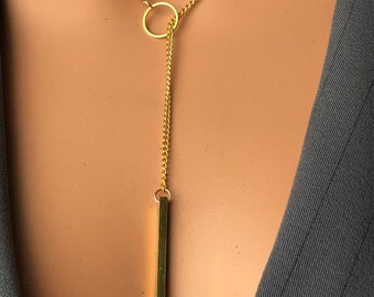 circle lariat bar All gold stainless steel chain & O ring of O Y w/pillar drop pendant minimalist statement symbolic necklace jewelry