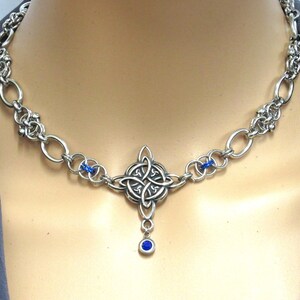 necklace for women men nonbinary stainless steel original Celtic helm weave chainmaille choker with royal cobalt blue crystal 2-24