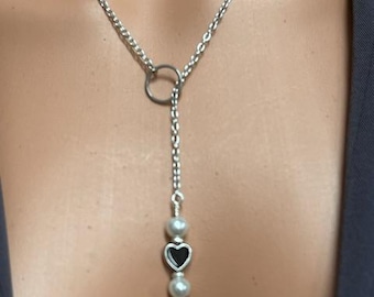 QOS Queen of Spades Original Y Lariat O ring Hotwife steel chain black enamel heart and crystal pearl bead black and white pendant