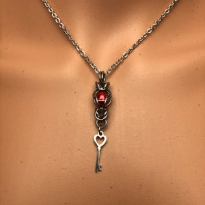 Chainmail captured bead caged pendant with choice of 8mm Swarovski crystal pearl symbolic necklace secret key charm keyholder unisex
