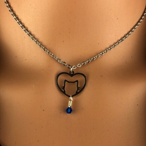 Original steel Kitten kitty cat lover Heart Silhouette w/4mm Swarovski crystal minimalist symbolic necklace jewelry unisex nonbinary