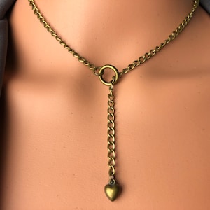 lariat Y eternity circle O ring of O brass bronze with 3D heart drop pendant minimalist symbolic necklace jewelry unisex nonbinary