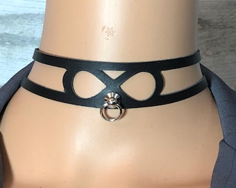 Custom carved cut out O ring infinity black leather choker unisex nonbinary