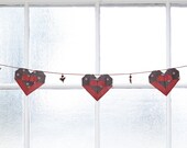 Origami heart garland with silver birds and beads - red and purple