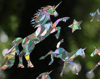 Unicorns Rainbow Prism Window Decals - Set of 8 PLUS 5 bonus stars. Prevent bird strikes, reusable, magic forest, phthalate-free