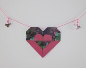 Origami heart garland with silver birds and beads - pink and purple