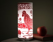 Red Rooster Hidden Creature Accent Lamp - rooster with chicks, sunflowers and rock wall, magic forest