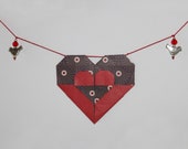 Origami heart garland with silver birds and beads - red and purple