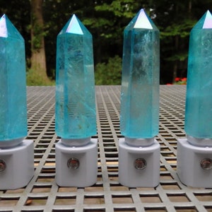 Aqua Aura Quartz Crystal Tower LED Gemstone Night Light with Light Sensor - Geodes//Crystals//Minerals
