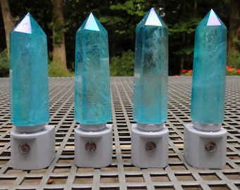 Aqua Aura Quartz Crystal Obelisk Tower LED Gemstone Night Light with Light Sensor - Geodes//Crystals//Minerals