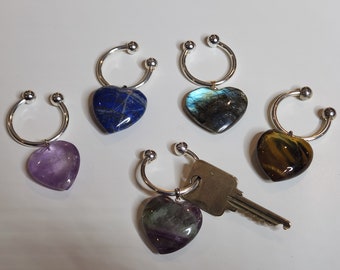 Gemstone Heart-Shaped Key Rings - Tiffany Style - Choice of Amethyst, Labradorite, Tiger's Eye, Lapis - Crystals/Gemstones/Minerals