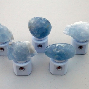 Blue Celestite Crystal LED Night Light with Light Sensor - Choice of polished/rounded or rough/free-form