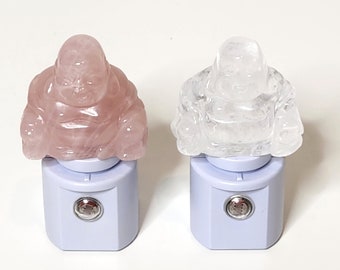 Gemstone Buddha LED Light Sensor Night Light in White Quartz or Rose Quartz - Sold Individually -- Crystals//Minerals//Geodes