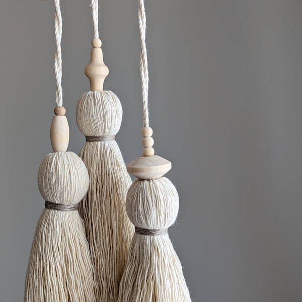 Decorative Cotton Tassel with Wooden Beads: Small Door Knob or Purse Charm