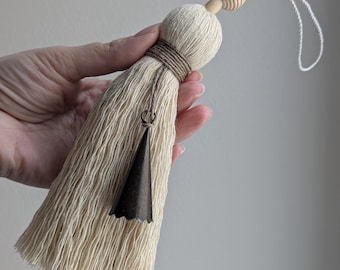 Large Cotton Door Knob Tassel with Bell and Wood Beads #153: Small Space or Apartment Decor