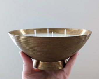 Vintage Simple Striped Brass Candle | Simple Brass Candle | Vintage Brass Candle | Mid Century Brass Bowl | Brass Home Decor