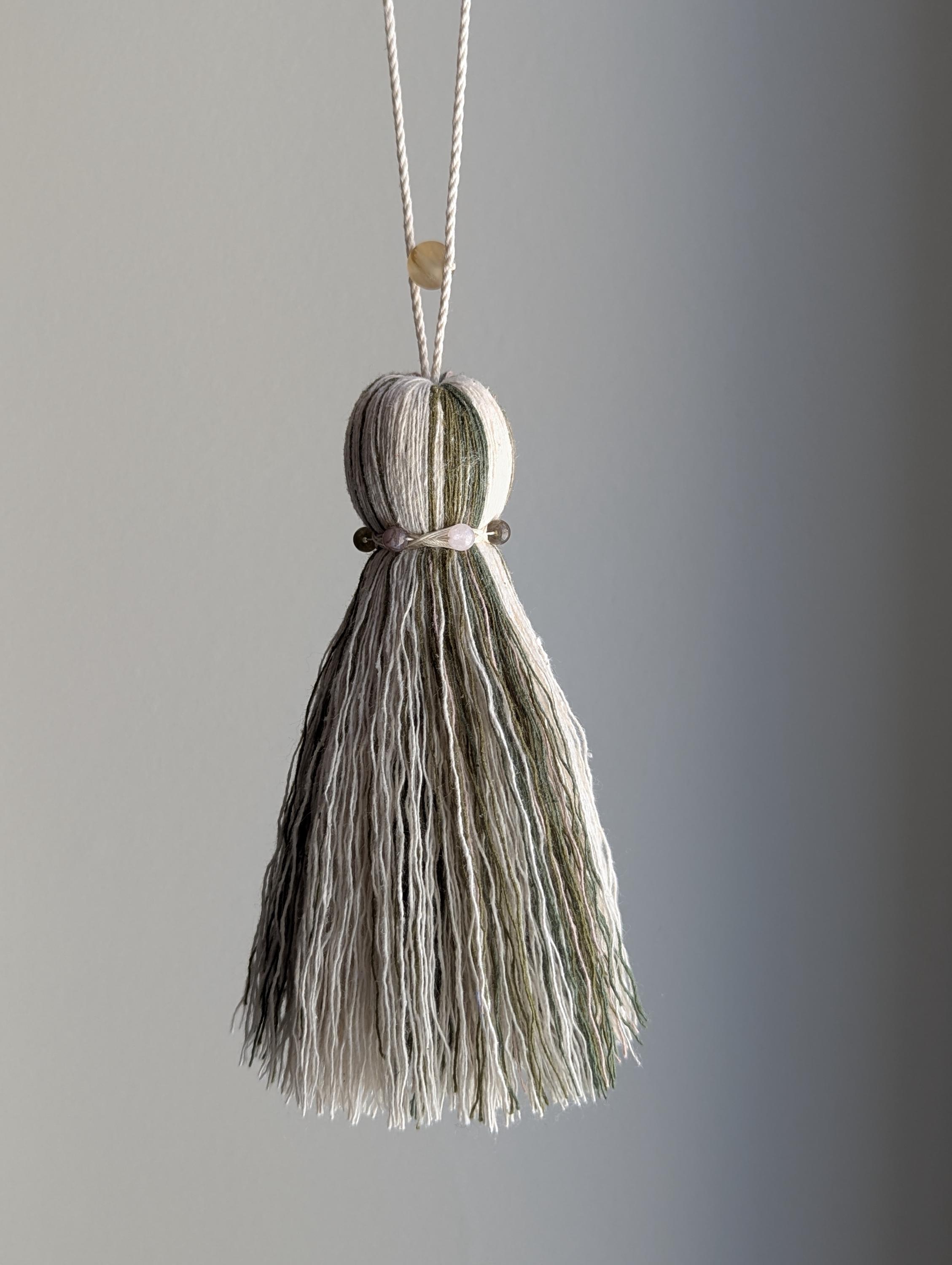 Greens and Mauve Striped Cotton Furniture Tassel | Natural Tassel with Gem Stones | Door Knob Tassel | Tassel with Jasper Stones