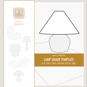 May include: A digital lamp shade template with a lamp illustration. The template includes measurements: 10 cm top, 46 cm bottom, and 25 cm high. The image also features the text "UD form" and "DIGITAL DOWNLOAD".