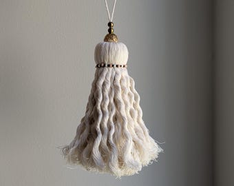 One-of-a-Kind Large Cotton Door Tassel with Wavy Fringe and Brass Beads #180