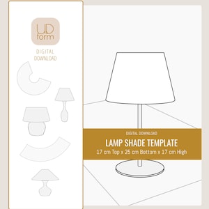 May include: A digital download lamp shade template with a variety of lamp shade designs. The main image shows a lamp shade template with dimensions: 17 cm top, 25 cm bottom, and 17 cm high.