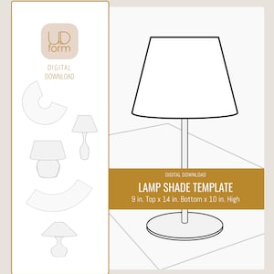 May include: A digital lamp shade template with various lamp designs. The main image shows a lamp with a trapezoid shade, 9 in. top, 14 in. bottom, and 10 in. high. The text reads "LAMP SHADE TEMPLATE".